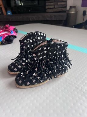 Girls Black Star Fringe Ankle Boots with Side Zip
